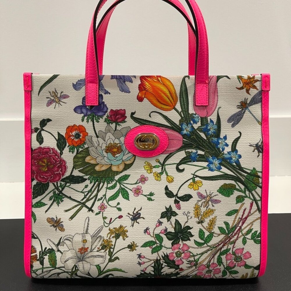 Gucci Canvas and Leather Pink Fuchsia Leather Flora Tote (133152)